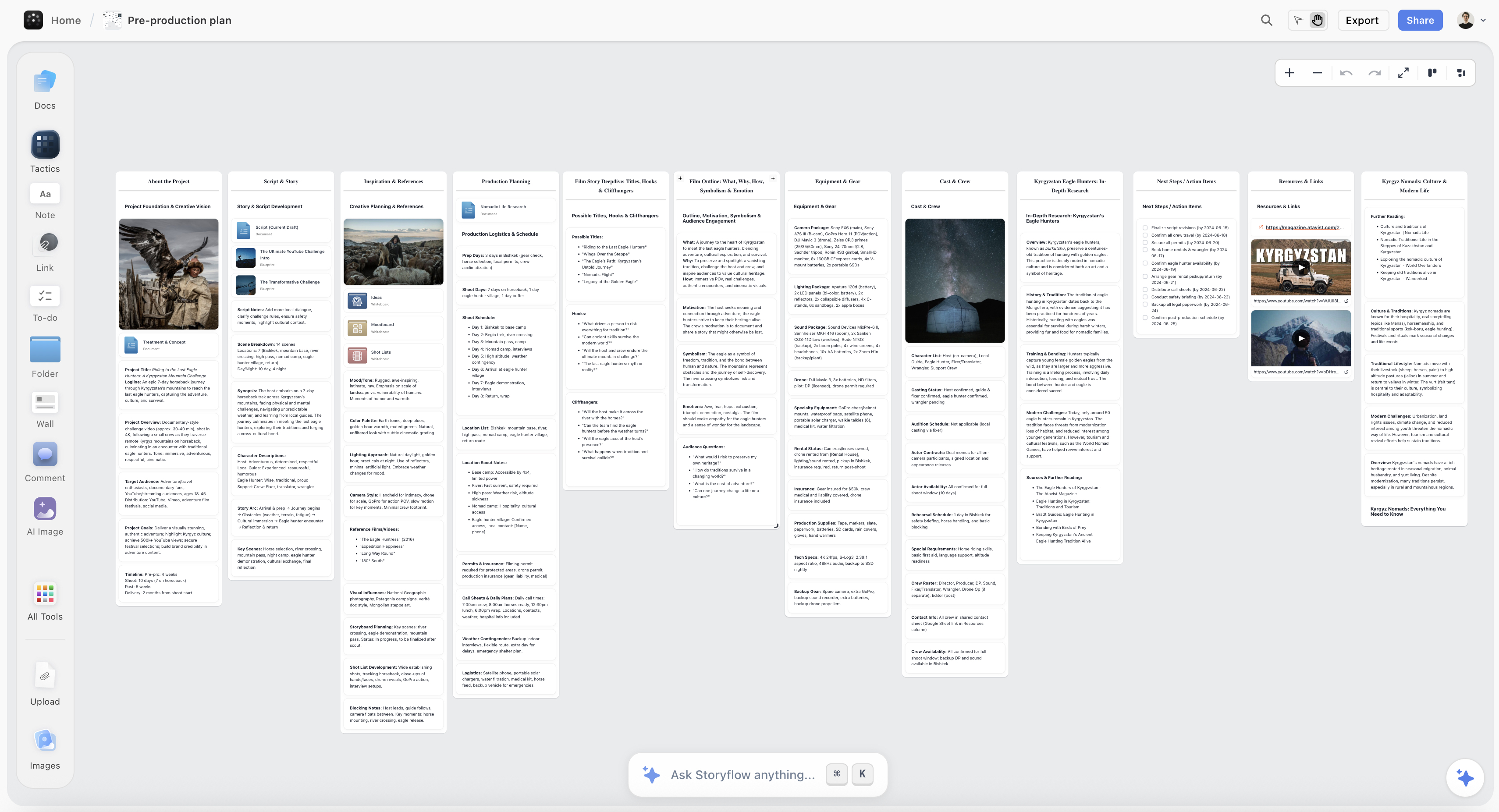 Storyflow filmmaking pre-production planning canvas showing story structure, shot lists, and production logistics in one visual workspace